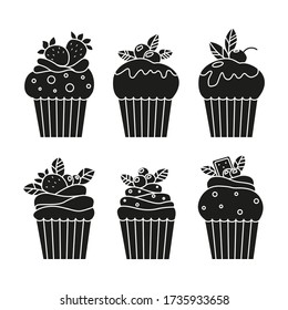 Juego de quequitos vectoriales aislados en fondo blanco. Elementos de diseño de comida para el menú, logotipo de panadería, web, postales.
