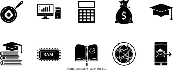 Conjunto de ícones de design de silhueta vetorial para educação e finanças