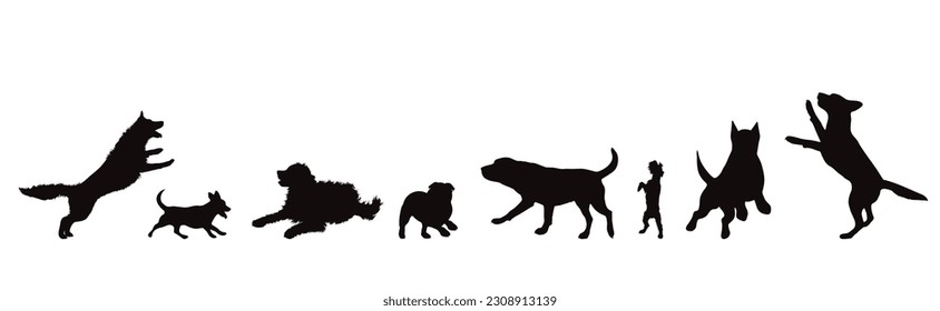 Set of vector silhouette of different dogs on white background. Symbol of dog and pet.