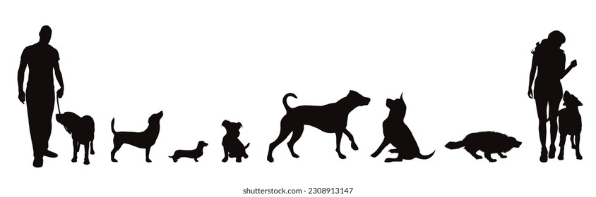 Set of vector silhouette of different dogs on white background. Symbol of dog and pet.
