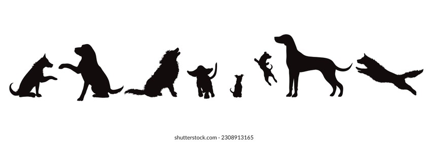 Set of vector silhouette of different dogs on white background. Symbol of dog and pet.