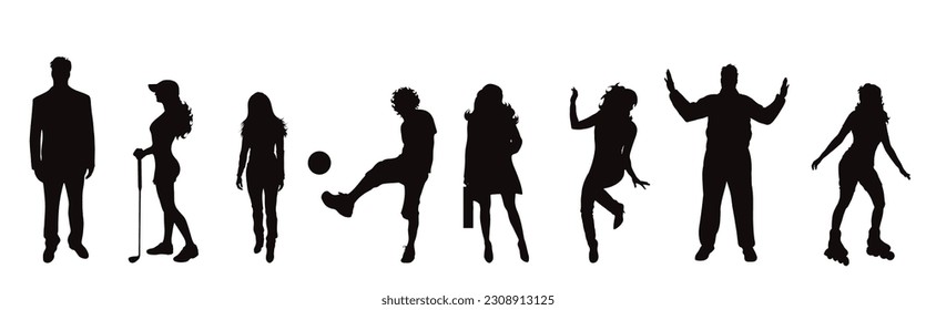 Set of vector silhouette of different people on white background.