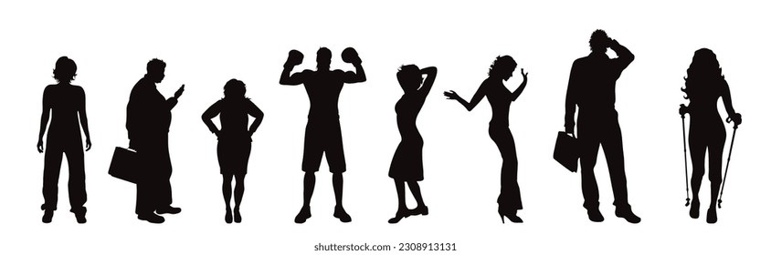Set of vector silhouette of different people on white background.