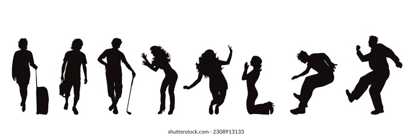 Set of vector silhouette of different people on white background.