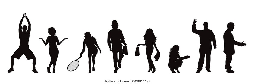 Set of vector silhouette of different people on white background.