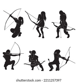 Set of Vector Silhouette of a fantasy female warrior archer aiming at her target. equipped with a bow.