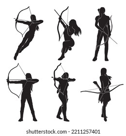 Set of Vector Silhouette of a fantasy female warrior archer aiming at her target. equipped with a bow.