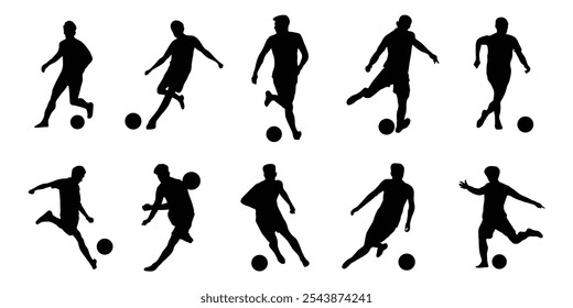 Um conjunto de silhuetas vetoriais de futebol, jogadores de futebol, jogadores de futebol