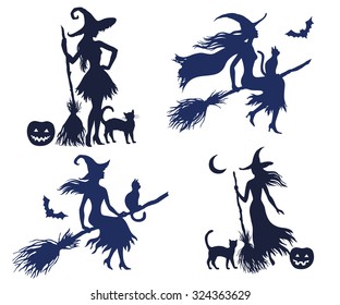 Set of vector silhouette halloween witches on the white background