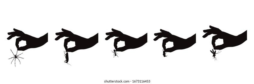 Set of vector silhouette of hand who catch insect on white background. Symbol of annoying insect.