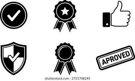 Un conjunto de iconos de silueta de Vector para la Aprobación, validación y diseño, incluyendo marca de verificación, roseta, pulgares para arriba, escudo, sello aprobado