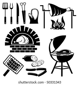 set of vector silhouette icons of barbecue and cooking meat