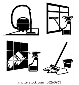 set of vector silhouette icons of black cleaning, washing and maintenance of cleanliness