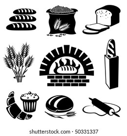 set of vector silhouette icons of bread and pastry