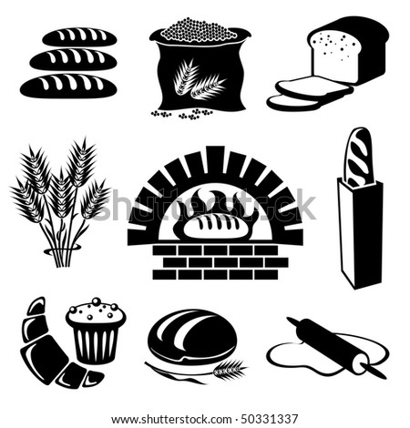 set of vector silhouette icons of bread and pastry