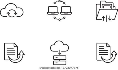 Conjunto de iconos de silueta de Vector que representan la sincronización de datos, el almacenamiento en la nube y los conceptos de transferencia de archivos