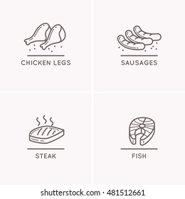 Set vector silhouette icons  Farming meat   fish  Line drawing sausages  chicken legs  salmon fillet 
