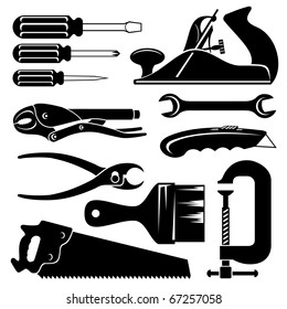 set of vector silhouette icons of hend tools