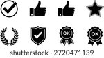 A set of vector silhouette icons including checkmark, thumbs up, star, shield, OK, and laurel wreath for design and decoration