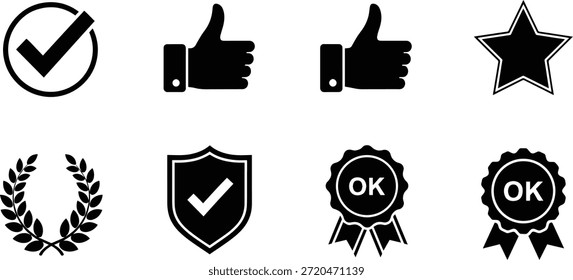 Un conjunto de iconos de silueta de Vector que incluyen marca de verificación, pulgares hacia arriba, estrella, escudo, OK y corona de laurel para el diseño y la decoración
