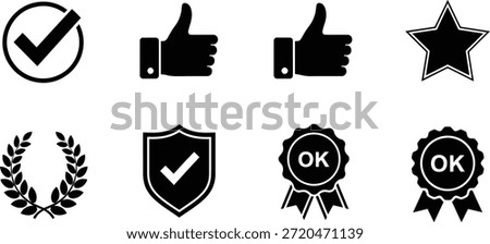 A set of vector silhouette icons including checkmark, thumbs up, star, shield, OK, and laurel wreath for design and decoration