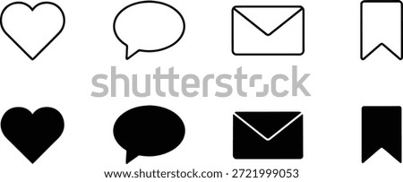 A set of vector silhouette icons including heart, speech bubble, envelope, and bookmark symbols for design projects.
