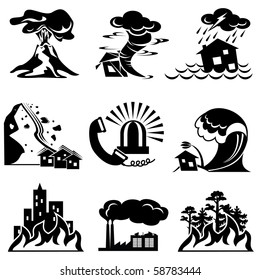 Set Vector Silhouette Icons Of Natural Disaster