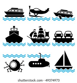 set of vector silhouette icons on marine vessels and transport