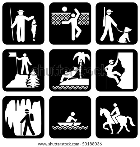 set of vector silhouette icons on the active leisure