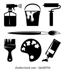 set of vector silhouette icons of paint and painting tools