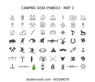 Set of Vector silhouette icons and shapes with different outdoor gear, camping symbols for creating adventure logotypes, badge designs, use in infographics, brochures. Isolated on white. Part 2.