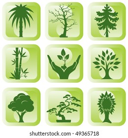 set of vector silhouette icons of trees and plants