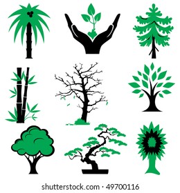 set of vector silhouette icons of trees and plants