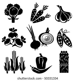 set of vector silhouette icons of vegetables. Black and white icons.