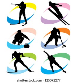 set of vector silhouette icons of the winter sport and the Olympic Games