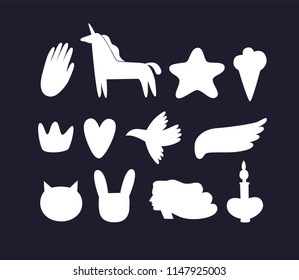 Set of vector silhouette illustrations. Hand, unicorn, star, ice cream, crown, heart, bird, wing, cat, rabbit, girl profile, bottle. For postcards, leaflets, posters, banners, web