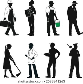 A set of vector silhouette illustrations representing various engineering and technical professions, including surveyors, construction workers, architects, and industrial professionals.