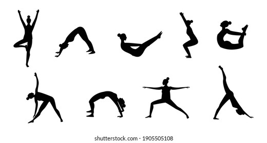 Set of vector silhouette illustrations of a woman in yoga poses isolated on white background. Young woman doing yoga and fitness exercises. Healthy lifestyle. Vector illustration.