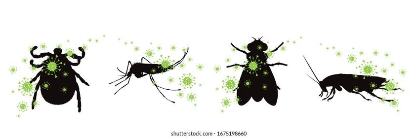 Conjunto de silueta vectorial de bacteria esparciendo insectos sobre fondo blanco. Símbolo de molesto insecto y peligro de enfermedades.