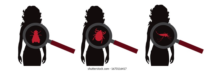 Conjunto de silueta vectorial de insectos bajo lupa sentada en persona sobre fondo blanco. Símbolo de insecto que molesta a la gente.