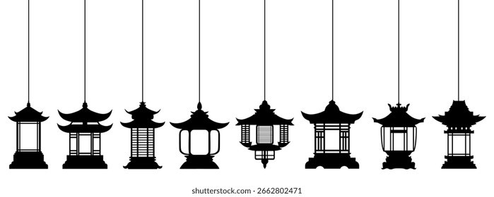 Conjunto de silueta de Vector Icono de lámpara colgante japonés. Ilustración vectorial de diseño de decoración de linternas