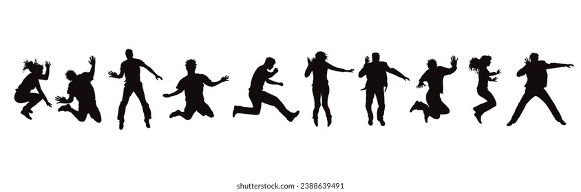 Set of vector silhouette of jumping people on white background. Symbol of sport and happiness.