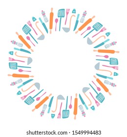 Set of vector silhouette kitchen utensils and collection of cookware icons wreath in round with place for text inside, cooking tools and kitchenware equipment