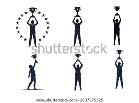 Set Vector Silhouette of a Man Holding a Trophy, Champion Victory Illustration