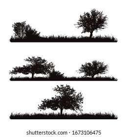 Set of vector silhouette of meadow with tree on white background. Symbol of nature with grass.