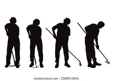 Conjunto de silueta vectorial de hombres con herramientas de jardines sobre fondo blanco.