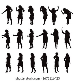 Set of vector silhouette of obese women on white background. Symbol of elderly lady in different pose.