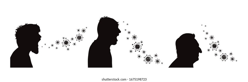 Satz Vektorillustration Silhouette des alten Mannes, der Bakterien auf weißem Hintergrund verbreitet. Symbol der Krankheit und des Coronavirus.