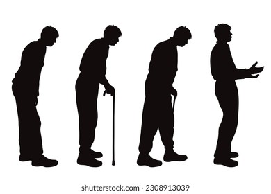 Set of vector silhouette of old men on white background.