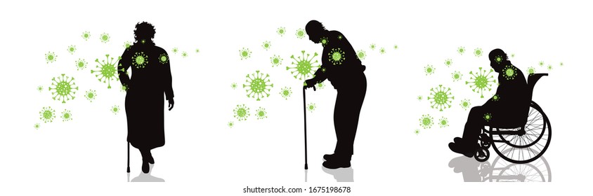Set of vector silhouette of old people spreading bacteria on white background. Symbol of disease and coronavirus.